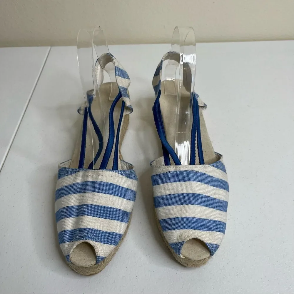 Chicos Jessa Blue White Striped Espadrille Wedge Open Toe Sandal Women Size 11